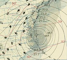 A map of a tropical cyclone, displaying pressure differences as contours.