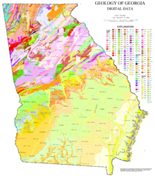 Picture of the U.S. state of Georgia divided up and colored by geologic feature.