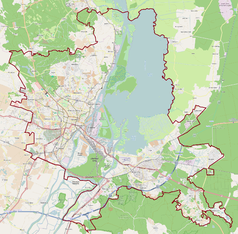 Mapa konturowa Szczecina, po lewej znajduje się punkt z opisem „Zachodniopomorski Uniwersytet Technologiczny w Szczecinie”