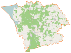 Mapa konturowa powiatu goleniowskiego, na dole nieco na prawo znajduje się owalna plamka nieco zaostrzona i wystająca na lewo w swoim dolnym rogu z opisem „Jezioro Lechickie”