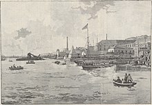 Gravure en noir et blanc représentant plusieurs embarcations à l'approche d'un port.