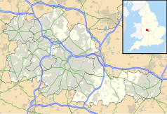 Mapa konturowa West Midlands, blisko centrum po lewej na dole znajduje się punkt z opisem „Selly Oak”