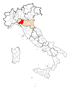 Map heichlichtin the location o the province o Parma in Italy