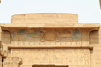 Winged sun on a cavetto at the Medinet Habu temple complex, Egypt, unknown architect, unknown date