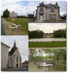 Clockwise from top left: Road sign, the town hall and post office, the chateau, footbridge, the church