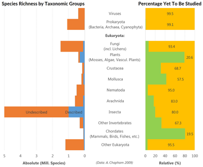 The distribution of numbers of known and undescribed (estimated) species on Earth, grouped by major taxonomic groups; according to Chapman 2009. Absolute number of species on the left (orange = estimated number of yet to be described species, blue = already described). Right: percentage of species already described (green) and estimated to be not yet known (yellow).