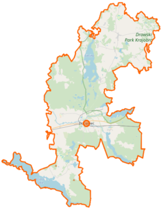 Mapa konturowa gminy Złocieniec, blisko centrum na prawo znajduje się punkt z opisem „Ordensburg Krössinsee”