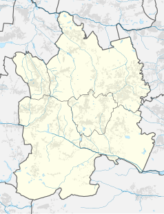 Mapa konturowa powiatu mikołowskiego, po prawej znajduje się punkt z opisem „Wyry”