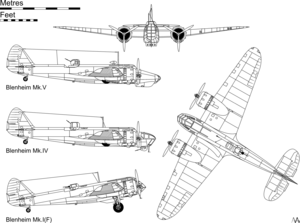 Orthographic projection of the Blenheim Mk I(F), with profiles showing the Mk IV and Mk V variants.