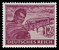 12-Pf-Wert der Reichspost 1944 mit einem Feldpostbeamten mit Postbeutel vor einem Bus der Kraftpost („Feldpost im Osten“)