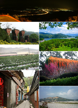 Top:A night view of Tongluo, Second left:Lonteng Ancient Bridge, Second right:Liyu Reserve Lake, Third left :Chunhsiang Strawberry Farm Park, Third right:Hakka Cultural Park, Bottom left: Osmamthus Street in Nanchuang, Bottom right: Mount Huoyen