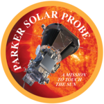 Artwork of the spacecraft next to the sun, enclosed in a circle with a yellow border. The words "Parker Solar Probe" are placed around the interior of the border, while the words "a mission to touch the sun" are written inline in a smaller font in the bottom right of the image.