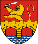 Coat of arms of Banat (the bridge) and Oltenia (the lion rampant) from 1992.