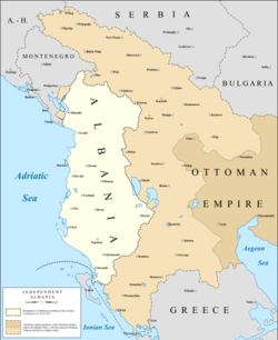 Map of the de jure boundaries of Albania according to the London Conference (1913) in white