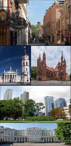 Atas: Kota Tua Vilnius Kiri tengah: Katedral Vilnius Kanan tengah: Gereja St. Anne Baris ke-3: Šnipiškės Baris ke-4: Istana Presiden.