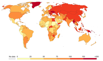 The number of deaths attributed to smoking per 100,000 people in 2017[47]