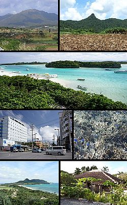 Top left: Mount Omoto, Top right: Mount Nosoko, 2nd row: Kabira Bay from Kabira Park, lower left: 730 Street in downtown Ishigaki, lower right: Shiraho natural reef, Bottom of left: Hirakubo peninsula from Tamatorizaki, Bottom right: Miyara old residence site