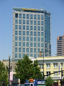 The Wells Fargo Center, a skyscraper with a two-bay FM antenna on a short tower