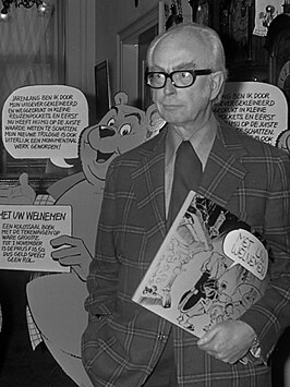 Marten Toonder presenteert nieuwe Bommel-uitgave in Kasteel Nederhorst, 1973