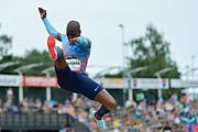 De Zuid-Afrikaanse verspringer Luvo Manyonga in actie tijdens de FBK Games in 2017.