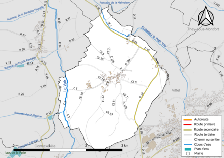 Carte en couleur présentant le réseau hydrographique de la commune