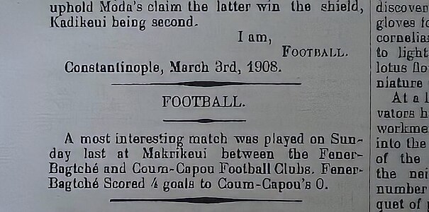 Een nieuwstekst in de krant van de wedstrijd gespeeld door Fenerbahçe op 1 maart 1908