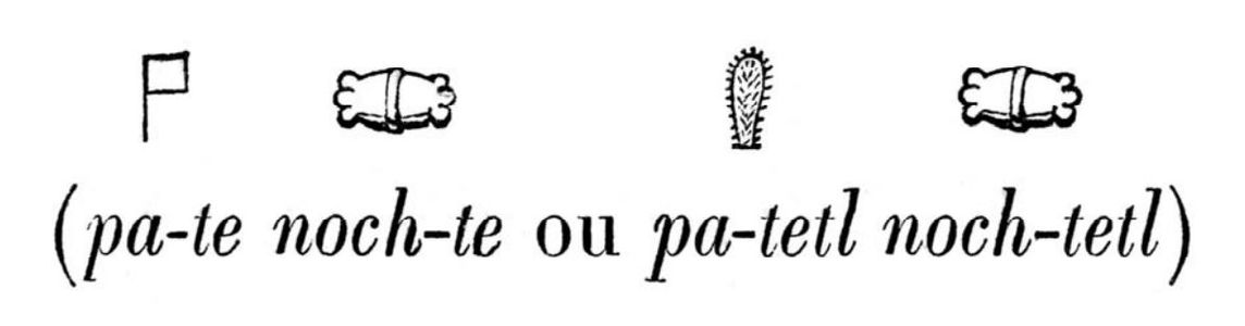 Escritura fonética mexica de la palabra "pater noster" (padre nuestro) de acuerdo a Joseph Aubin en su obra "Mémoires sur la peinture didactique et l’écriture figurative des anciens Mexicains" 1885. Pantli (bandera) + nochtli (tuna) : pater noster