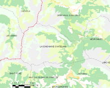 Carte élémentaire montrant les limites de la commune, les communes voisines, les zones de végétation et les routes