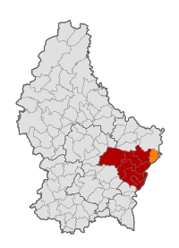 Map of Luxembourg with Mertert highlighted in orange, and the canton in dark red