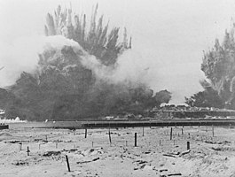 A still taken from the 'Destruction of Heligoland Defenses' on 18 April 1947 - an Admiralty documentary film processed for scientific purposes. This was one of the largest artificial non-nuclear explosions