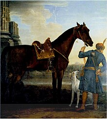 Peinture montrant un cheval marron foncé tenu par un homme