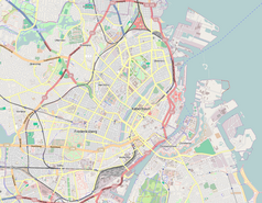 Mapa konturowa Kopenhagi, blisko centrum po prawej na dole znajduje się punkt z opisem „Holmens Kirke”