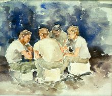 GI Card Game, acquerello di James Pollock, US Army Vietnam Combat Artists Team IV (CAT IV 1967). Durante la guerra del Vietnam i soldati in attesa di andare in pattuglia a volte passavano il tempo libero giocando a carte. Per gentile concessione del Museo Nazionale dell'Esercito degli Stati Uniti.