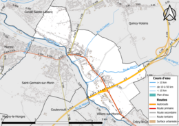 Carte en couleur présentant le réseau hydrographique de la commune