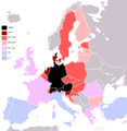 Răspândirea cunoștințelor de limbă germană pe cuprinsul Uniunii Europene (UE) în secolul XXI (România fiind încadrată în categoria cu procentele 5%–9%)