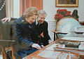 President Jimmy Carter and Prime Minister Margaret Thatcher at the Resolute desk in the Oval Office, 1979