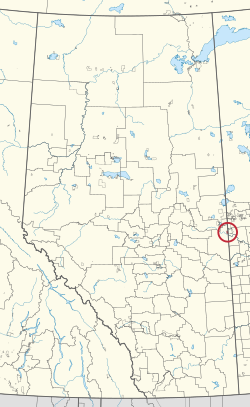 A map of the province of Alberta showing 80 counties and 145 small Indian reserves. One is highlighted with a red circle.