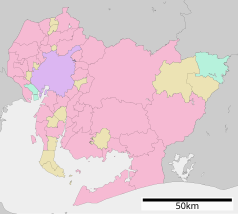 Mapa konturowa Aichi, po lewej nieco na dole znajduje się punkt z opisem „Hekinan”