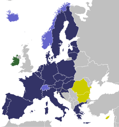 labelled map of Europe showing Schengen Area