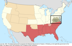 Map of the change to the United States in central North America on June 25, 1861