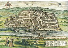 Vue cavalière du rempart de Blois par François de Belleforest (1575).