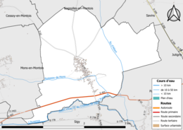 Carte en couleur présentant le réseau hydrographique de la commune