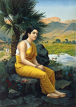 Lithografie van Sita gebaseerd op Raja Ravi Varma's schilderij "Shakuntala verloren in Dushyanta's gedachten"