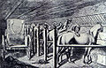 A 1773 illustration o staws in a stable for horses.