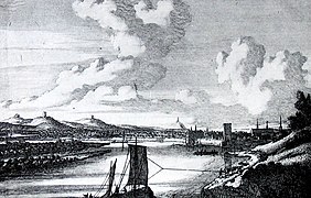 Treidelschiff vor Bonn und Siebengebirge, Kupferstich von Peter Schenk, 1852