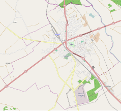 Mapa konturowa Grajewa, u góry znajduje się punkt z opisem „Wieża ciśnień w Grajewie”