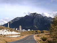 Heart Mountain and the Cement Plant at Exshaw. Community is east (left) of the plant.