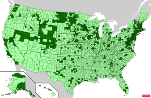 Counties in the United States by median family household income according to the U.S. Census Bureau American Community Survey 2013–2017 5-Year Estimates.[265] Counties with median family household incomes higher than the United States as a whole are in full green.