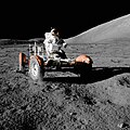 Image 22 Lunar rover Photo credit: Harrison Schmitt Astronaut Eugene Cernan makes a short test drive of the lunar rover (officially, Lunar Roving Vehicle or LRV) during the early part of the first Apollo 17 extravehicular activity. The LRV was only used in the last three Apollo missions, but it performed without any major problems and allowed the astronauts to cover far more ground than in previous missions. All three LRVs were abandoned on the Moon. More selected pictures