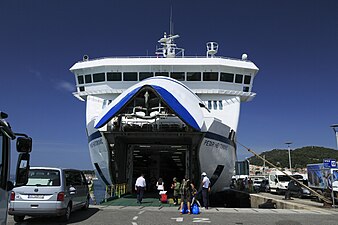 The front of the MT Petar Hektorović opens up, allowing cars to enter the vehicle bay.